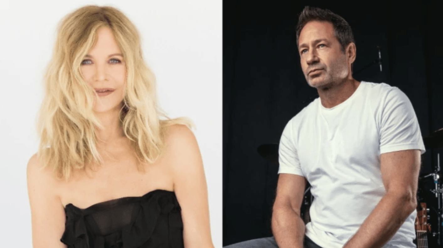 Side-by-side portraits of a blonde woman in a black strapless top and a man in a white T-shirt on a dark background