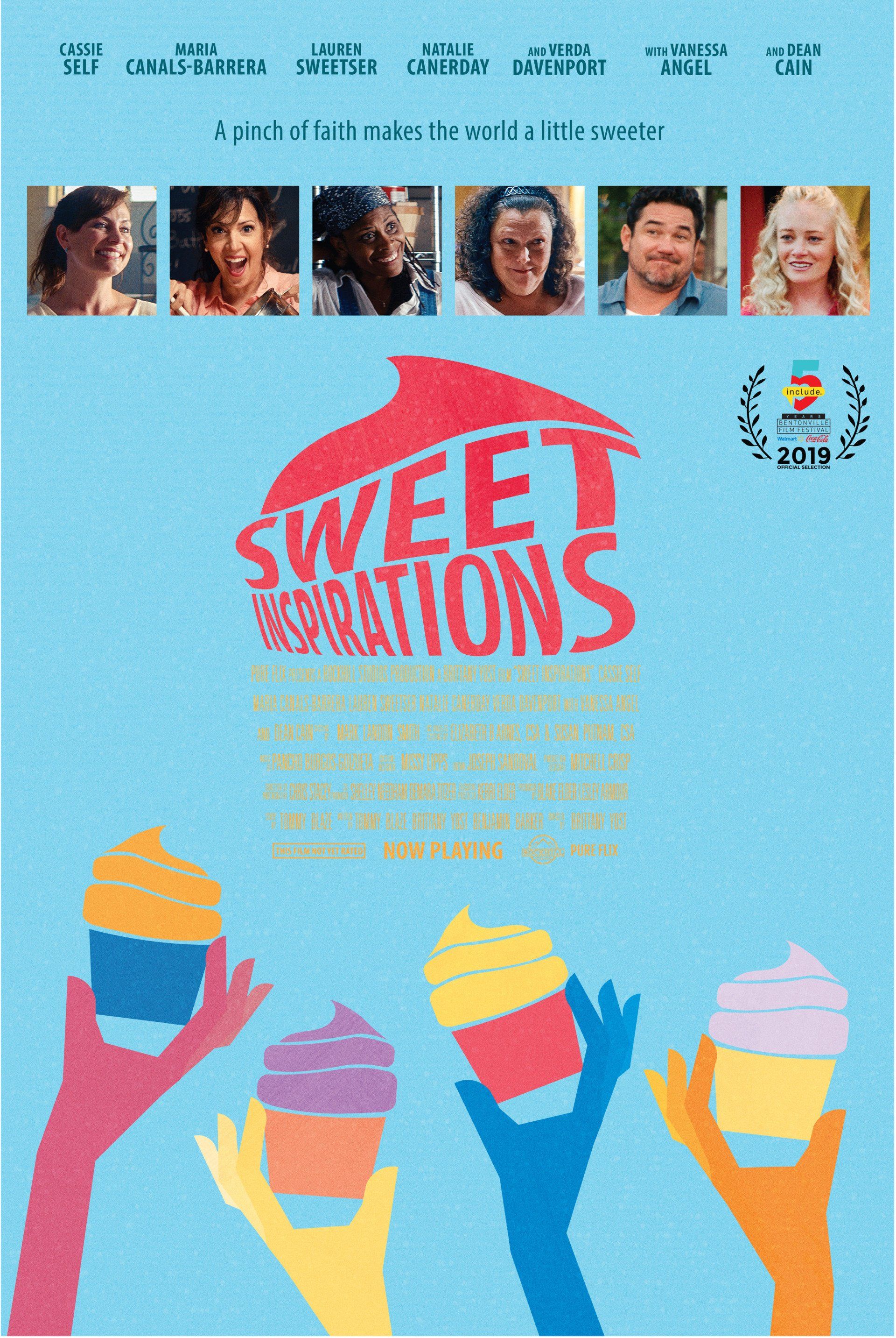 Poster for “Sweet Donations” with colorful ice cream cones held up on a blue background