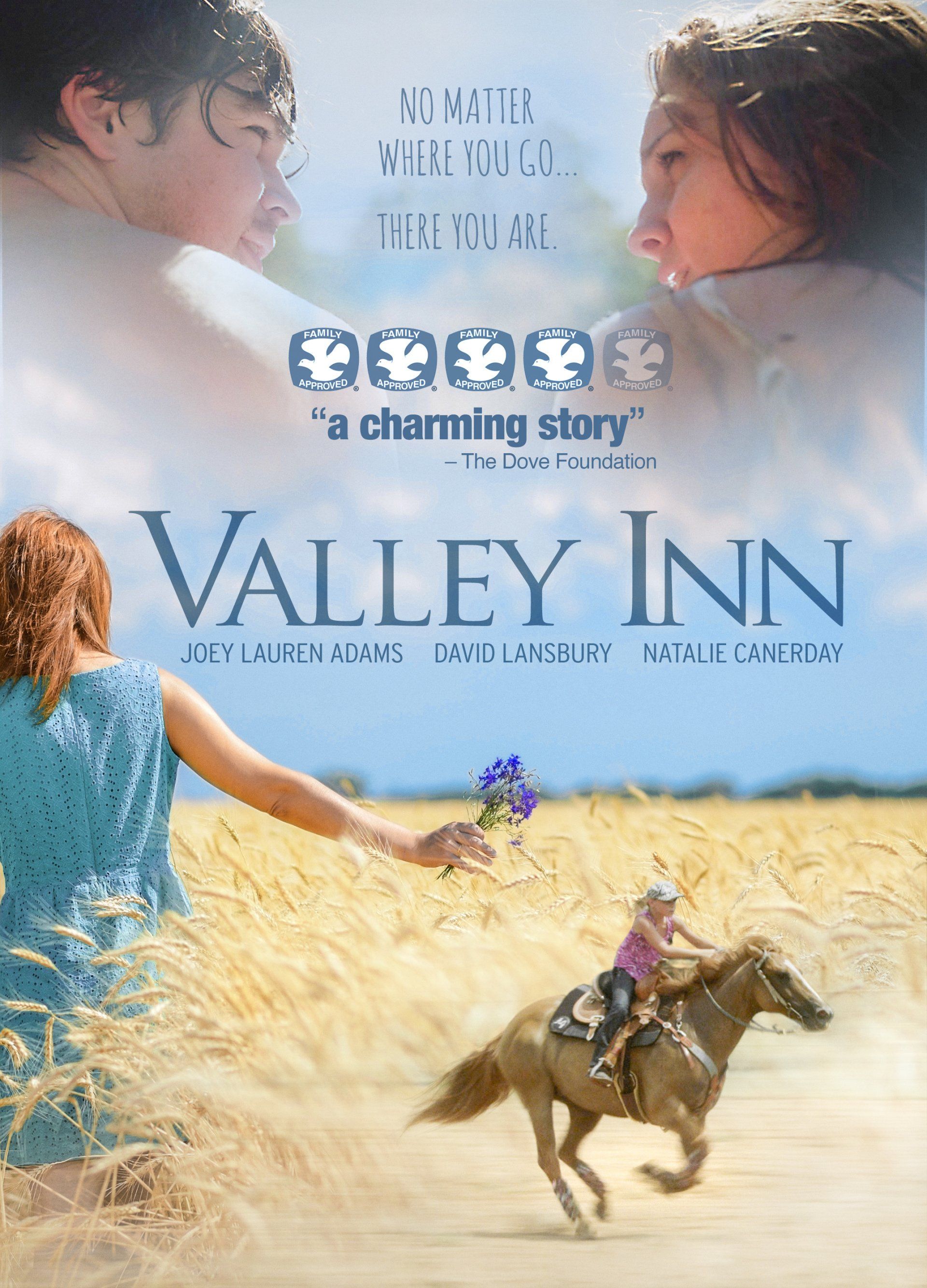 Movie poster for “Valley Inn,” showing a woman in a wheat field watching a rider on a horse under cloudy skies