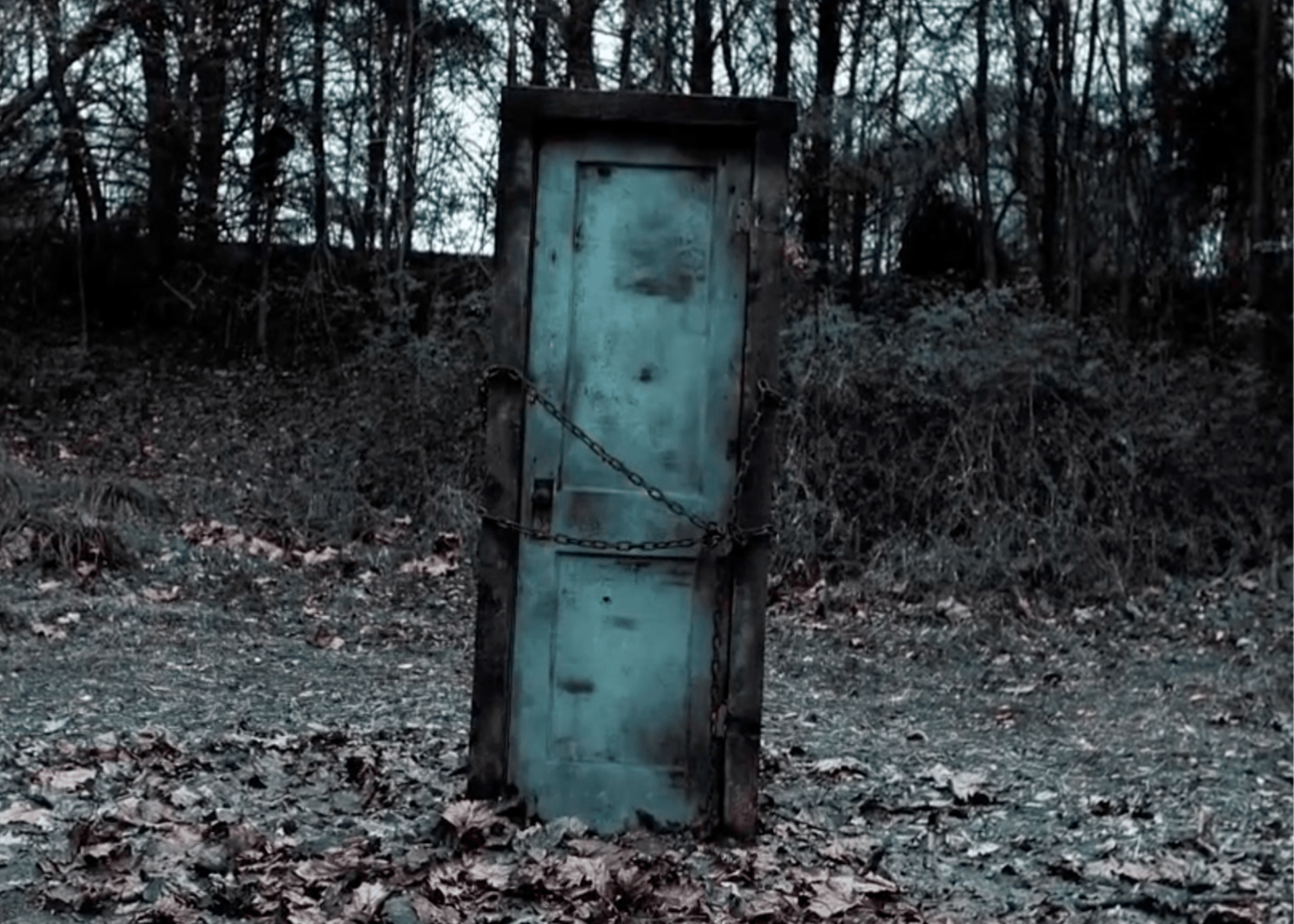 Old weathered blue door standing alone in a gloomy wooded area with fallen leaves
