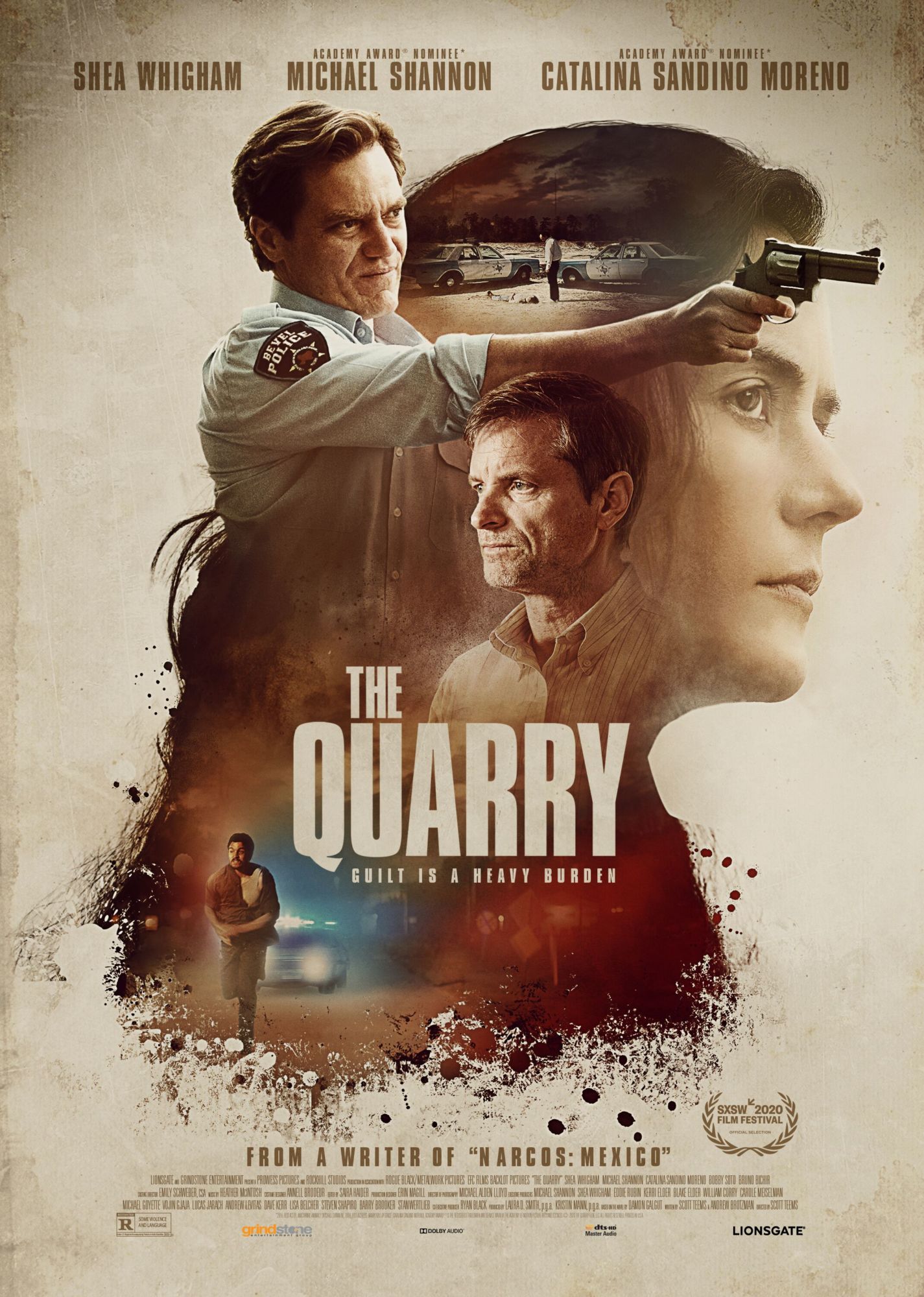 The Quarry movie poster with a man aiming a gun, a woman’s face, and a helicopter in a dusty desert scene