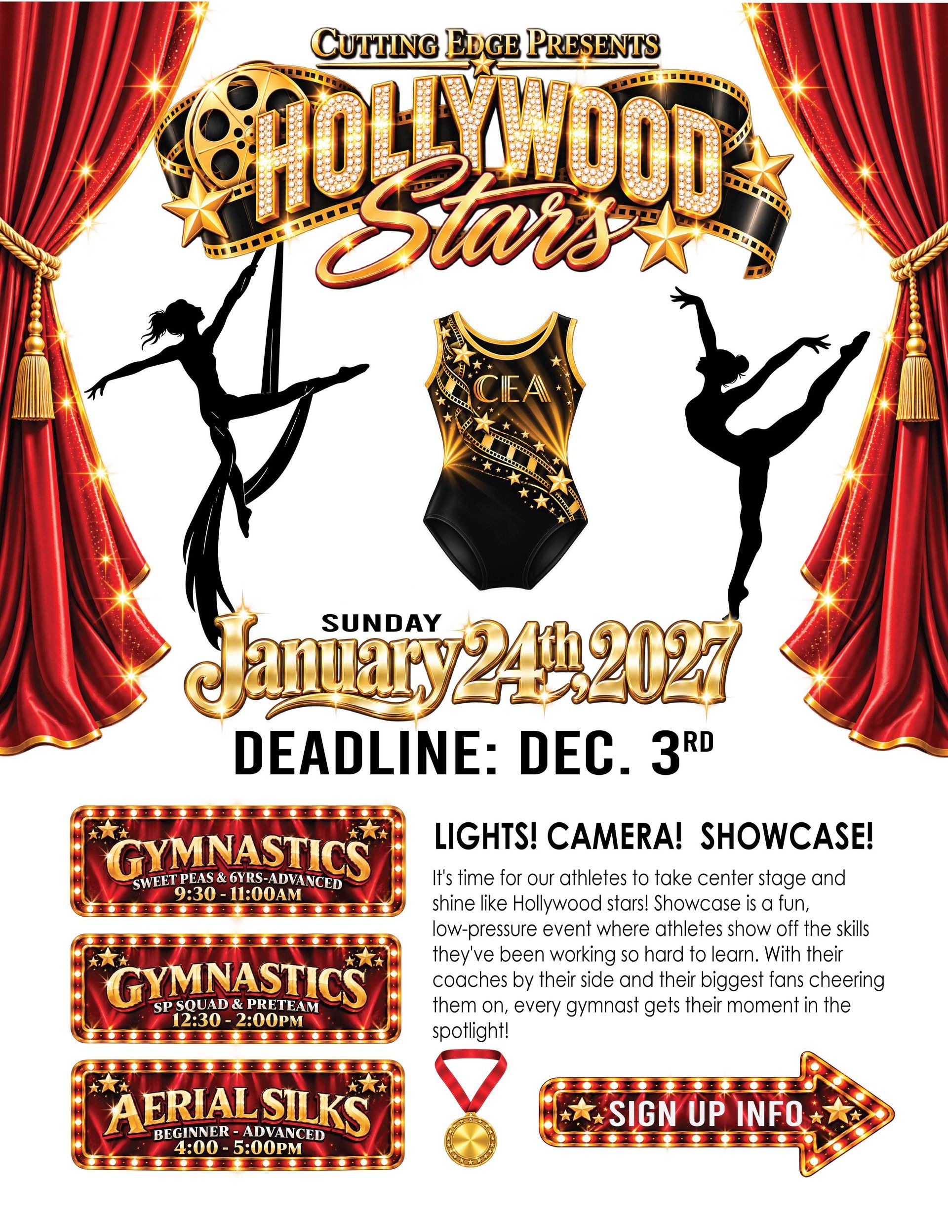 A poster for under the sea gymnastics showcase on sunday june 22