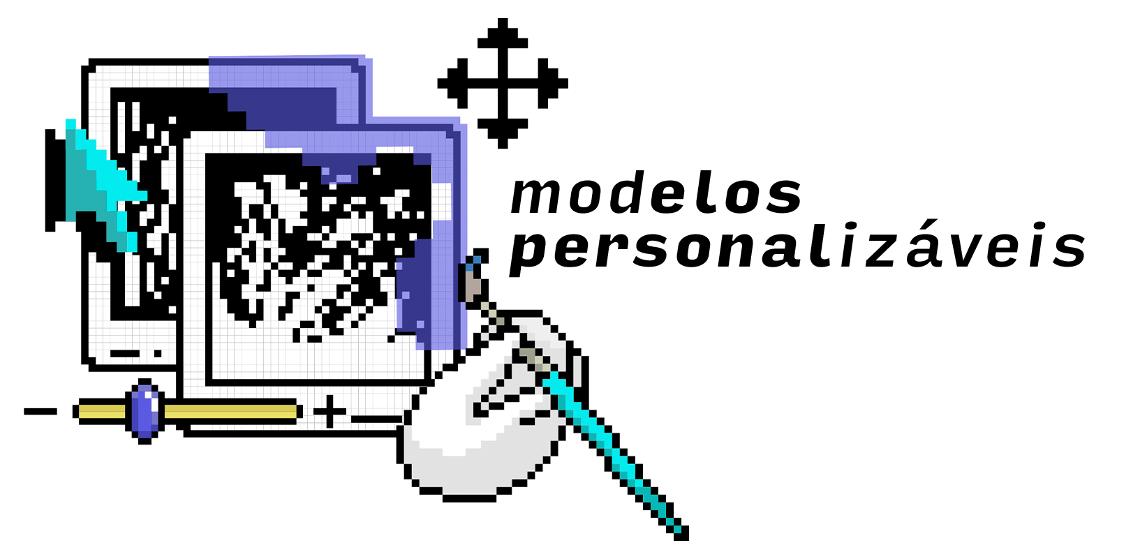 Uma ilustração em pixel art de uma mão segurando um lápis.