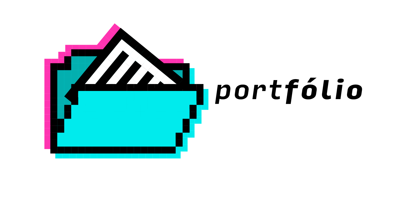 Uma ilustração em pixel art de uma carteira com as palavras portfólio escritas abaixo dela.