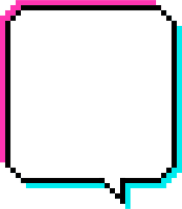 Um balão de fala pixel art com uma borda rosa e azul em um fundo branco.