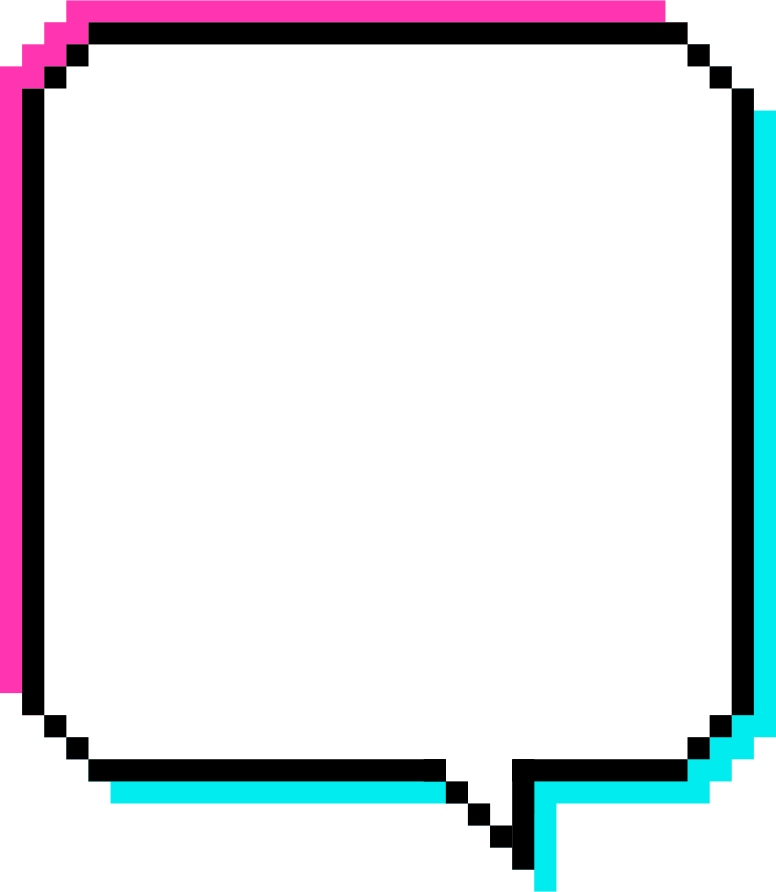 Um balão de fala pixel art com uma borda rosa e azul em um fundo branco.