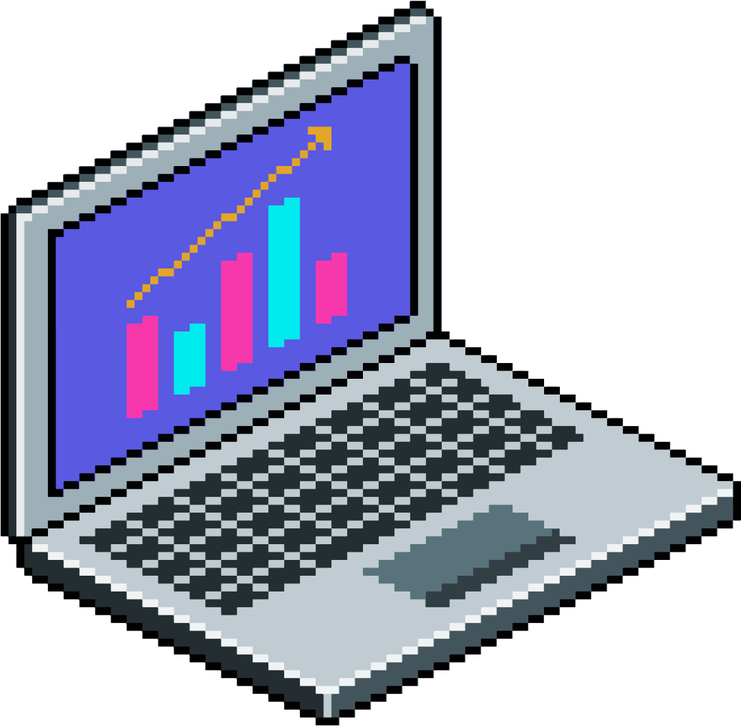 Uma ilustração pixel art de um laptop com um gráfico na tela.