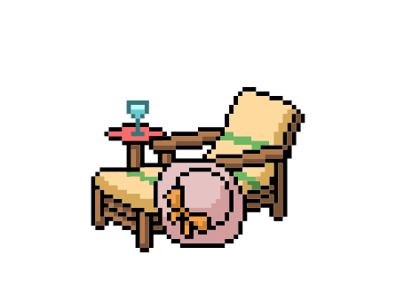 Uma ilustração pixel art de uma cadeira, pufe e mesa.