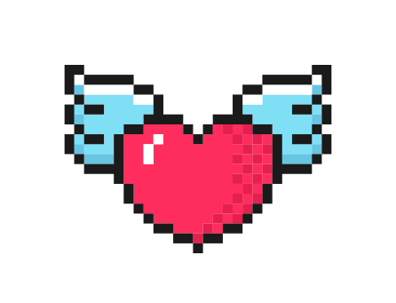 Um coração de pixel art com asas azuis em um fundo branco.