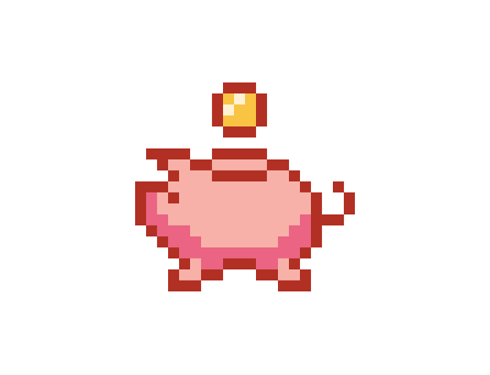 Uma ilustração em pixel art de um cofrinho com uma moeda saindo dele.
