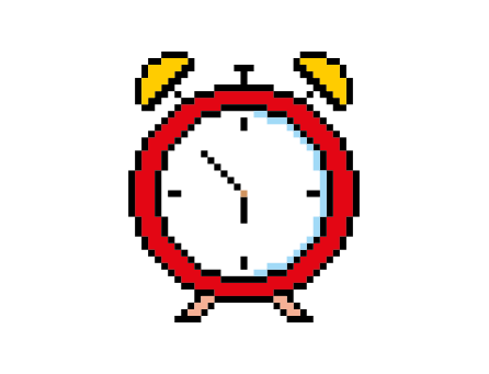 Uma ilustração pixel art de um despertador em um fundo branco.
