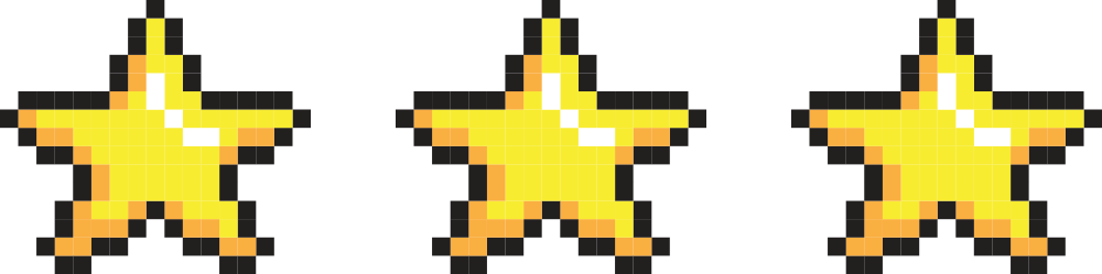 Um conjunto de três estrelas de pixel art em um fundo branco.