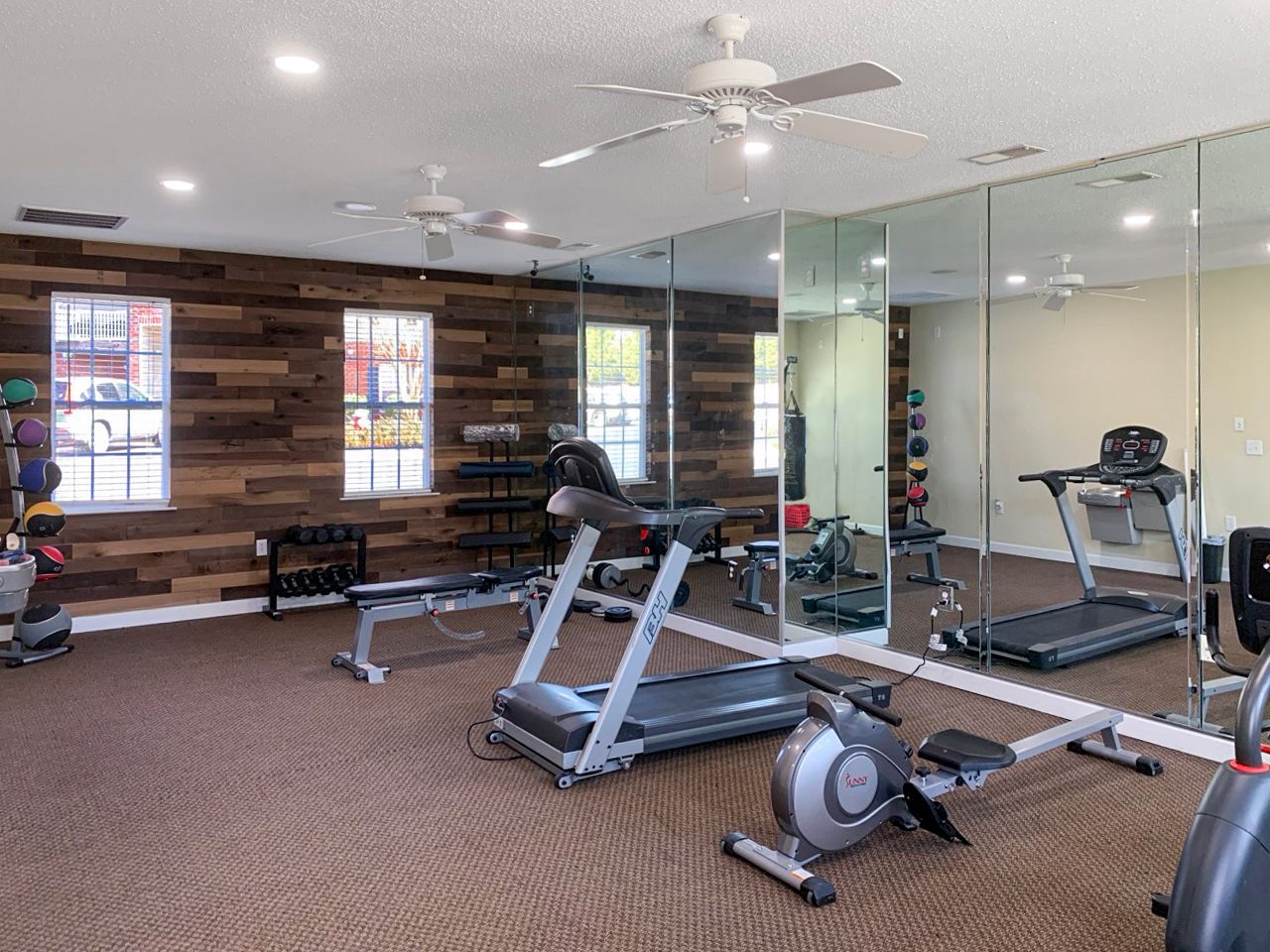 Gym with exercise equipment, wood accent wall, and large mirrors. Brown carpet, two ceiling fans, and natural light.