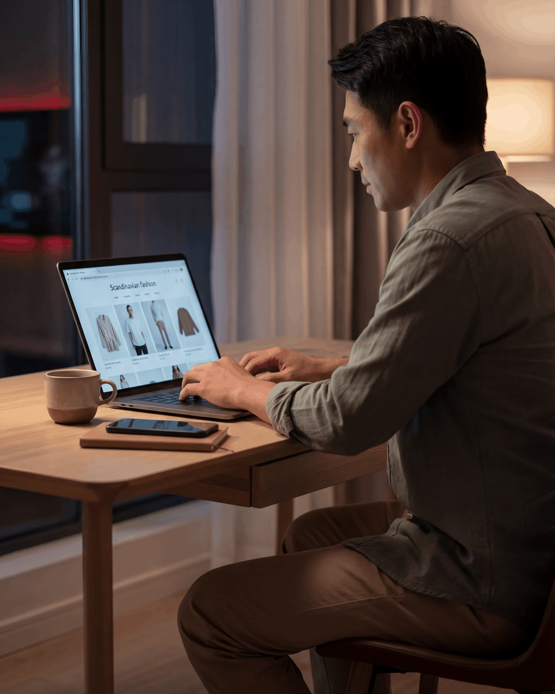 En person sitter ved et trebord om kvelden og skriver på en bærbar PC med et netthandelsnettsted åpent på skjermen.