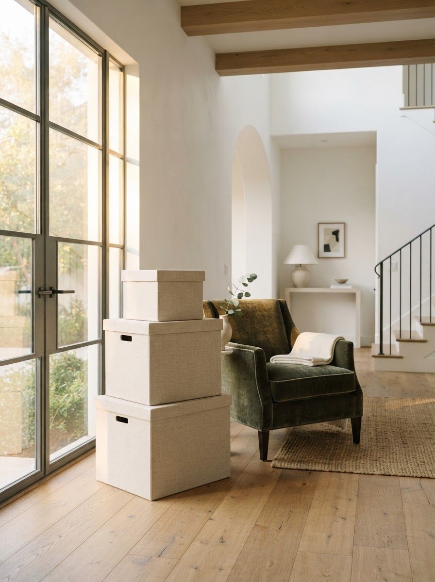 Stacked white storage boxes in a bright living room beside an armchair and large window.