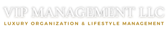 VIP Management LLC logo with beige and white text and gold tagline on a pale background