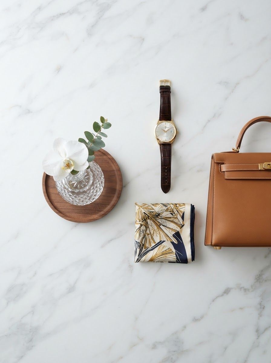 Brown leather accessories and white flower arranged on a marble surface, with a wristwatch and patterned cardholder