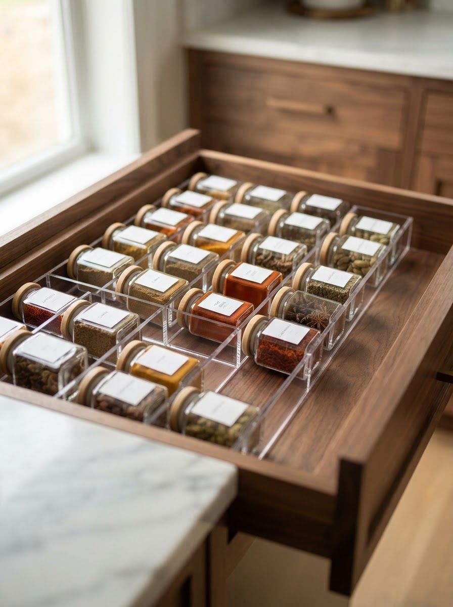 Wooden drawer organizer with clear-lidded spice jars in a kitchen cabinet drawer