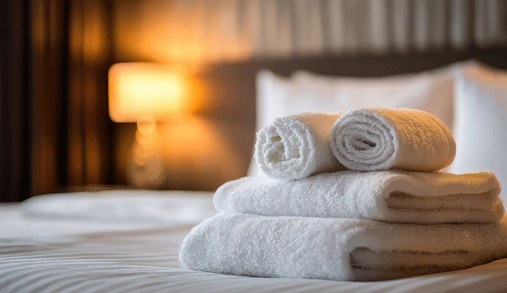 Stacked white towels on a neatly made bed in a warm, softly lit hotel room