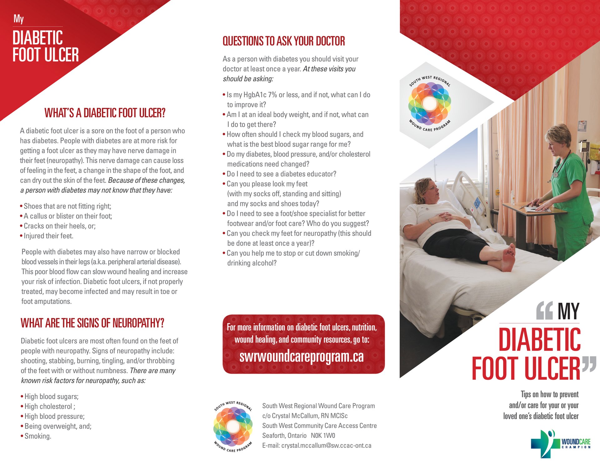 A brochure about diabetic foot ulcers shows a woman laying in a hospital bed.