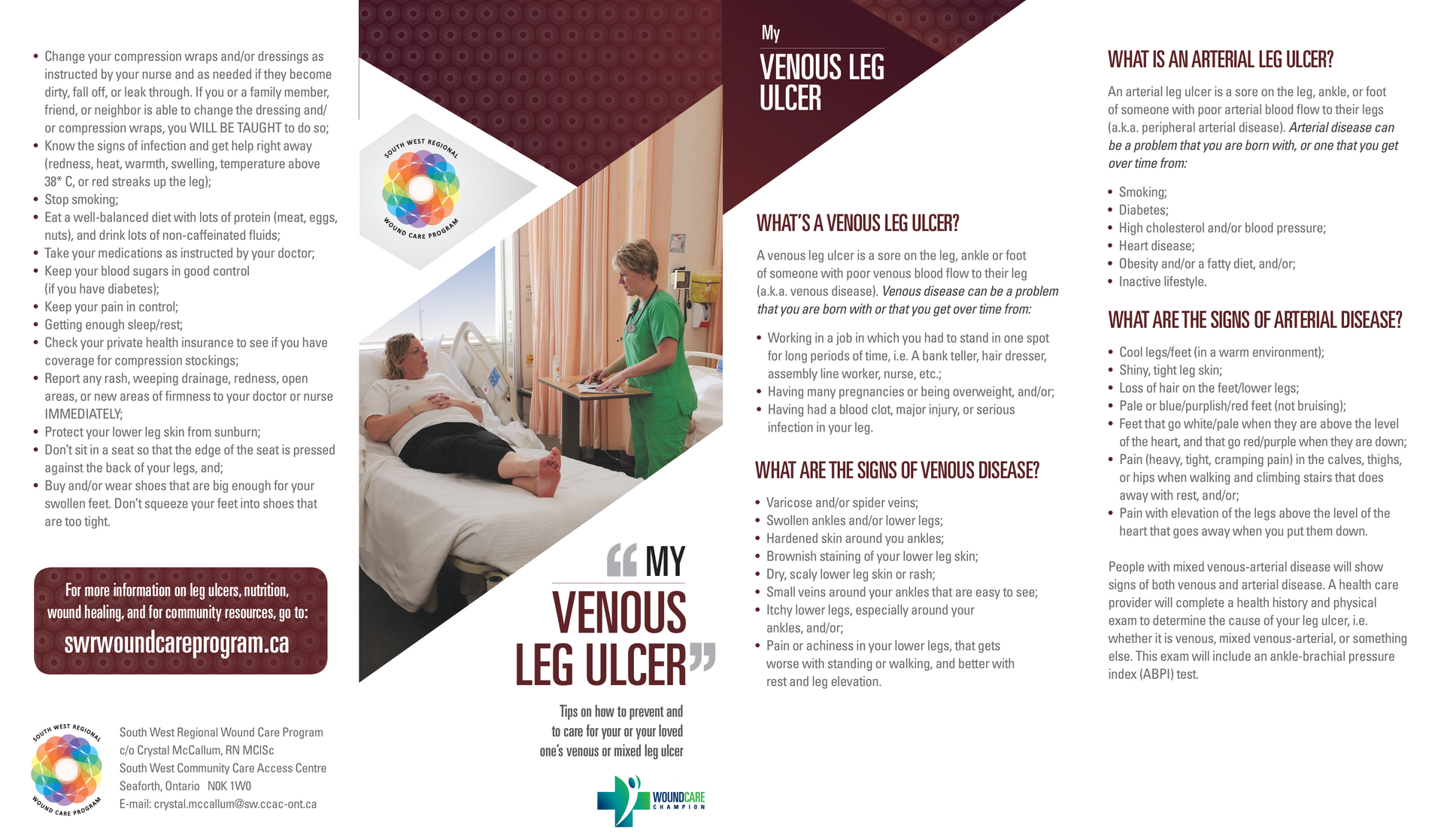 A brochure about venous leg ulcers with a nurse standing next to a patient laying on a bed.