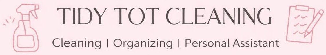 A pink banner for "Tidy Tot Cleaning" with an icon of a spray bottle and a clipboard list, emphasizing cleaning services.