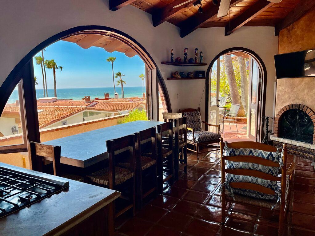 View from kitchen of living and dining area