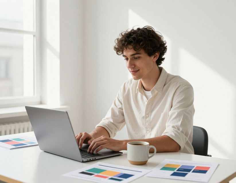 Une personne tape sur un ordinateur portable à un bureau lumineux avec des échantillons de couleurs et une tasse de café.