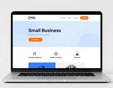 Ordinateur portable affichant le site web d'une petite entreprise avec une bannière bleue et des boutons orange