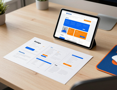 Espace de travail avec tablette affichant un tableau de bord bleu et orange et des rapports imprimés sur un bureau en bois