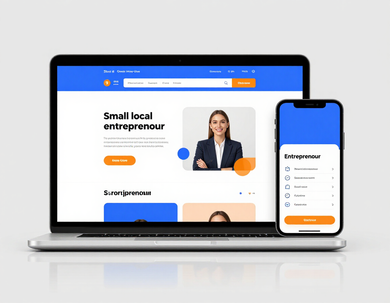 Ordinateur portable et téléphone affichant le site web d'un petit entrepreneur local avec une interface bleue et orange