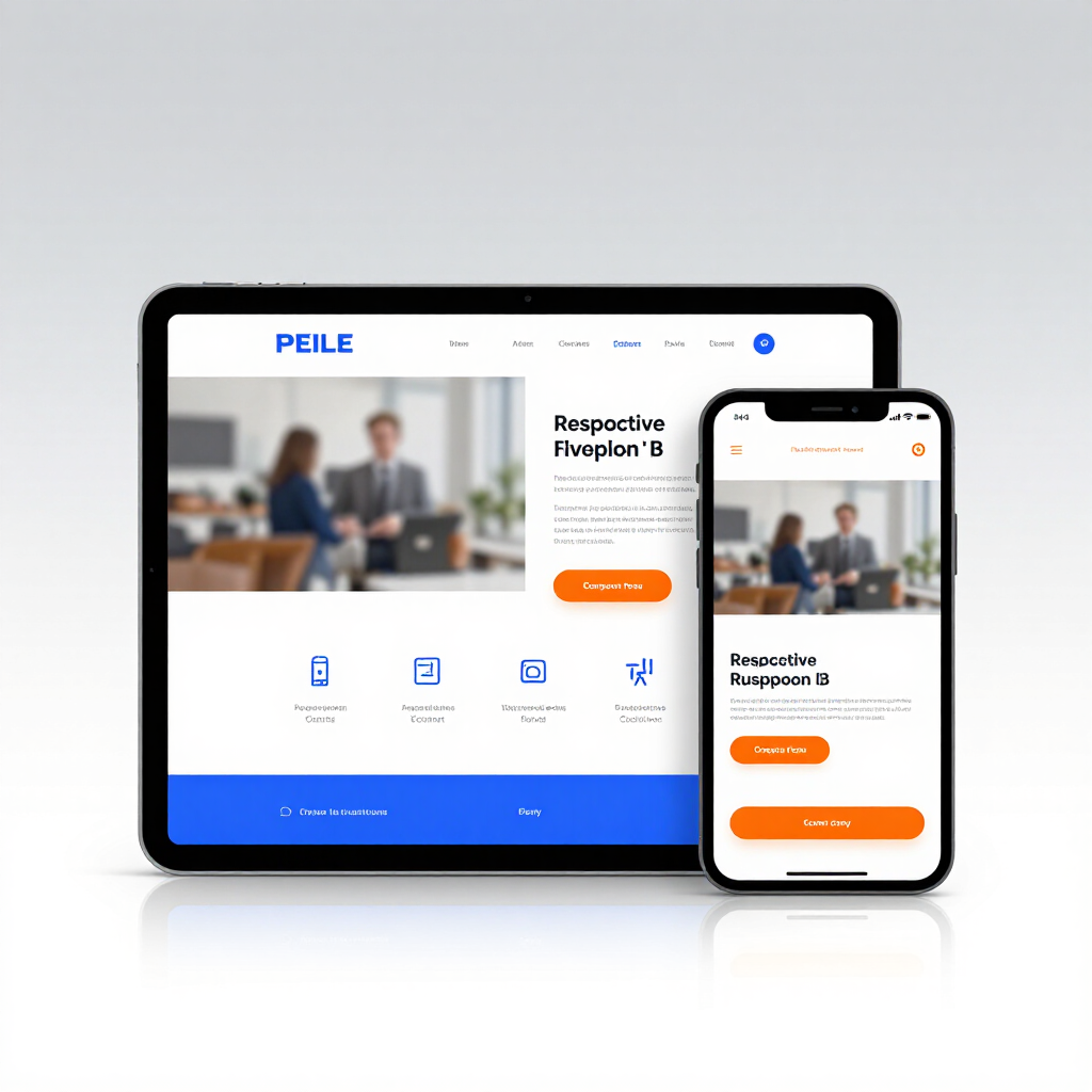 Tablette et téléphone affichant une maquette de site web adaptatif avec des accents bleus et orange.