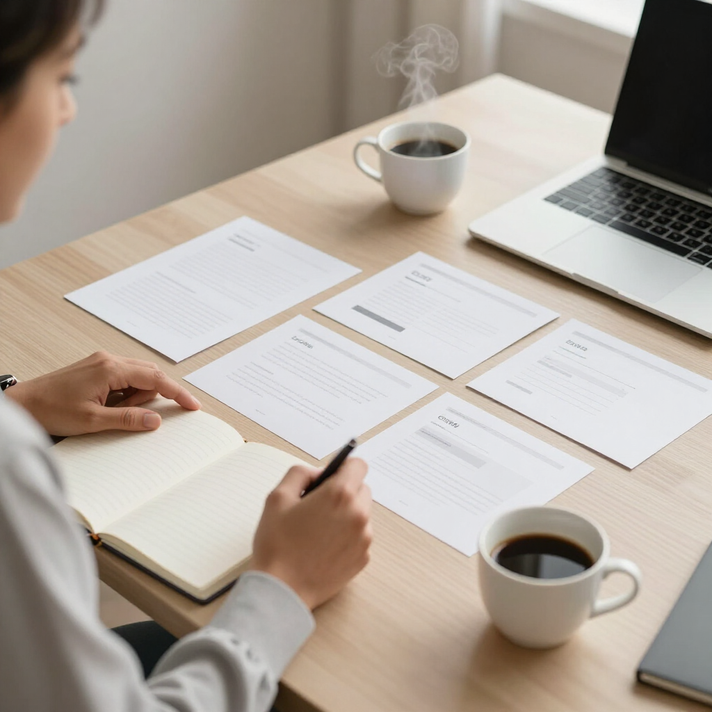 Une personne prend des notes à un bureau avec des papiers, un carnet, un ordinateur portable et deux tasses de café.