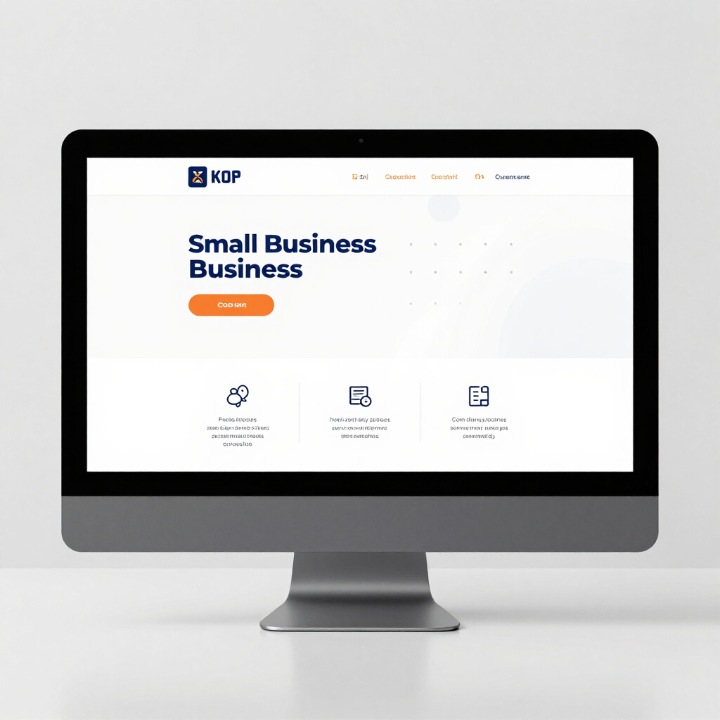 Écran d'ordinateur affichant le site web d'une petite entreprise avec une page d'accueil blanche et orange.