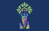 A colorful caduceus with a tree in the background on a blue background.