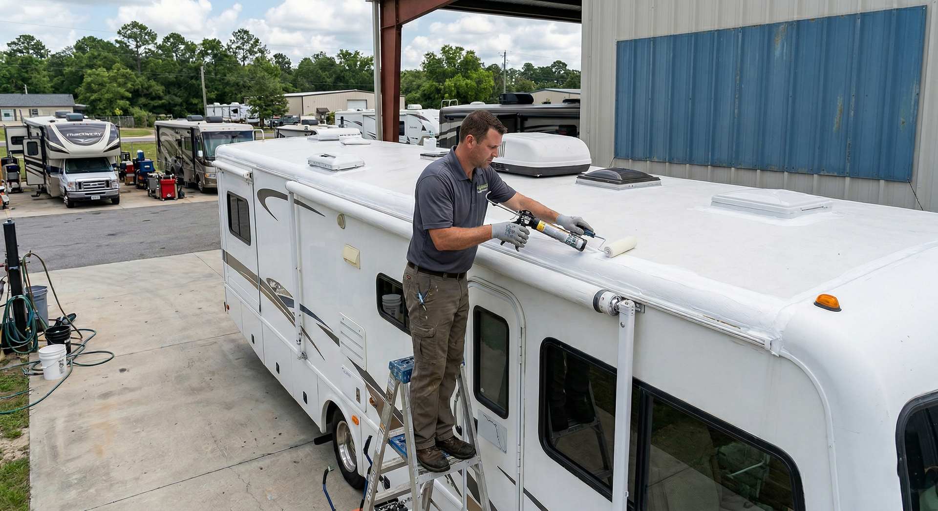Worker cleaning the roof of a white RV in an outdoor lot under a covered structure