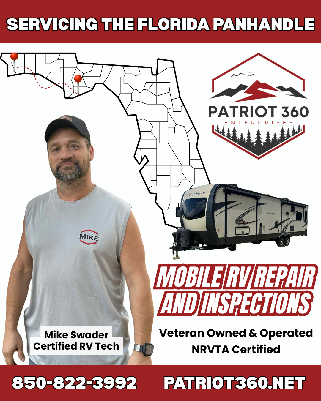 Patriot 360 mobile RV repair ad with Florida map, technician, RV trailer, and phone number.