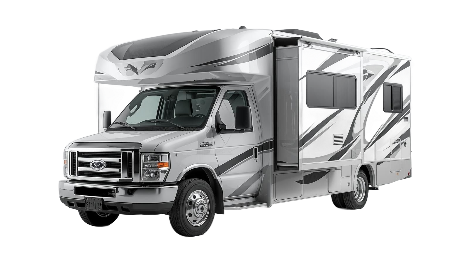 White and silver RV with slide-out extended, parked on a surface.