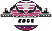 Logo: Two excavators over a sunset, mountains, 