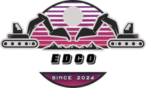 Logo: Two excavators over a sunset, mountains, 