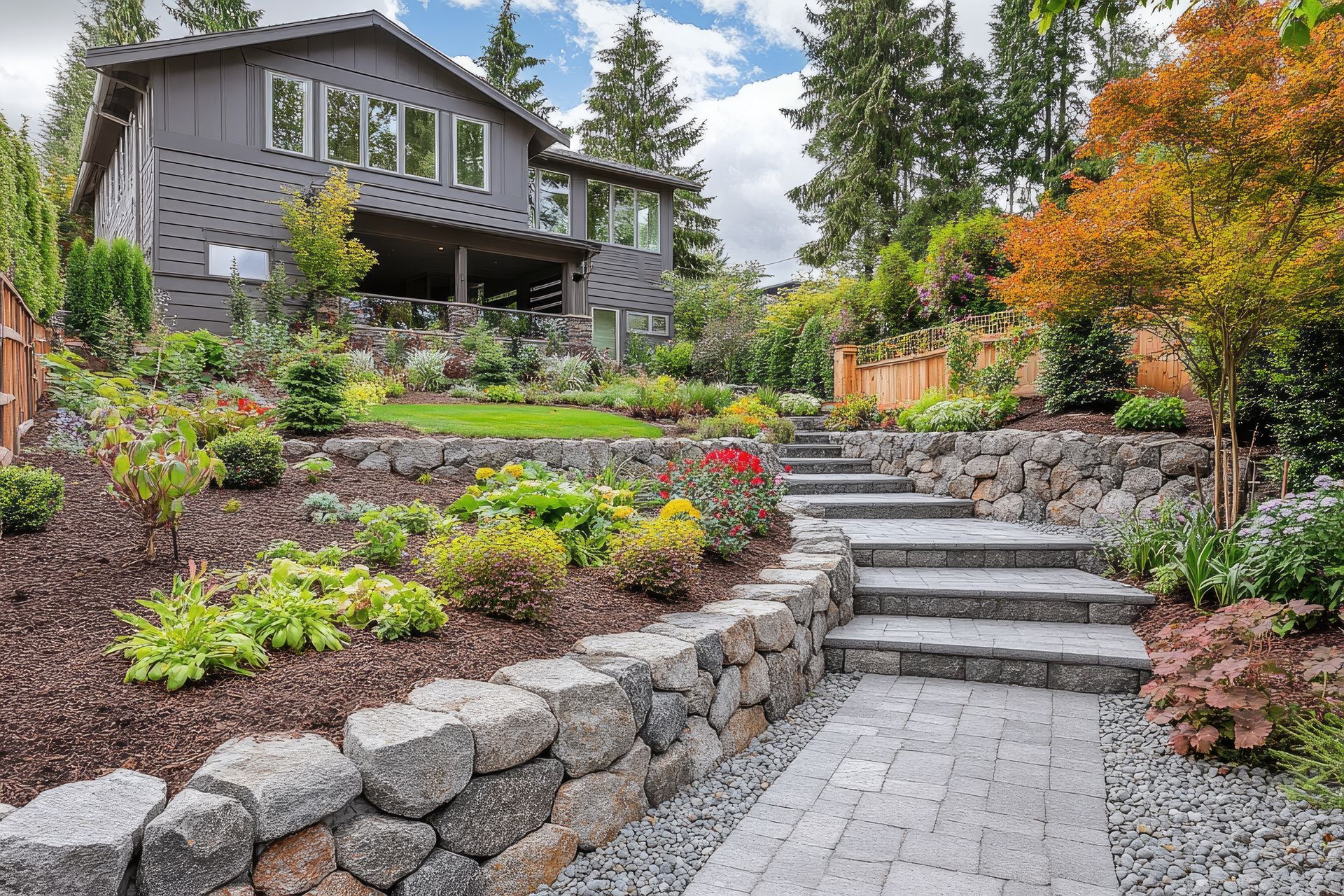 House with tiered landscaping, stone walls, stairs, and pathway. Lush garden with trees and shrubs.