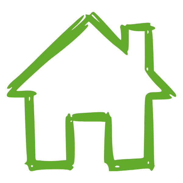 Green hand-drawn house icon on a white background