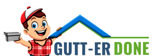 Cartoon handyman in red cap beside “GUTT-ER DONE” logo with blue roof and gutter graphic