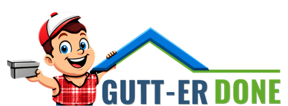 Cartoon handyman in red cap beside “GUTT-ER DONE” logo with blue roof and gutter graphic