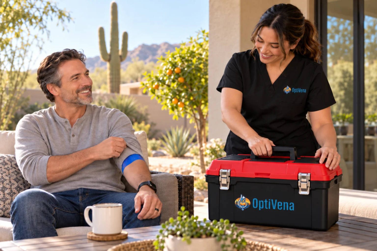 Client relaxing on a patio after a blood draw at home in Phoenix, AZ