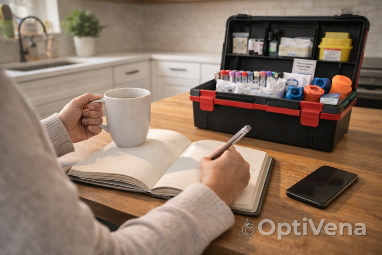 Person journaling at home while a mobile phlebotomy kit is set up nearby for a blood draw at home using at home lab services