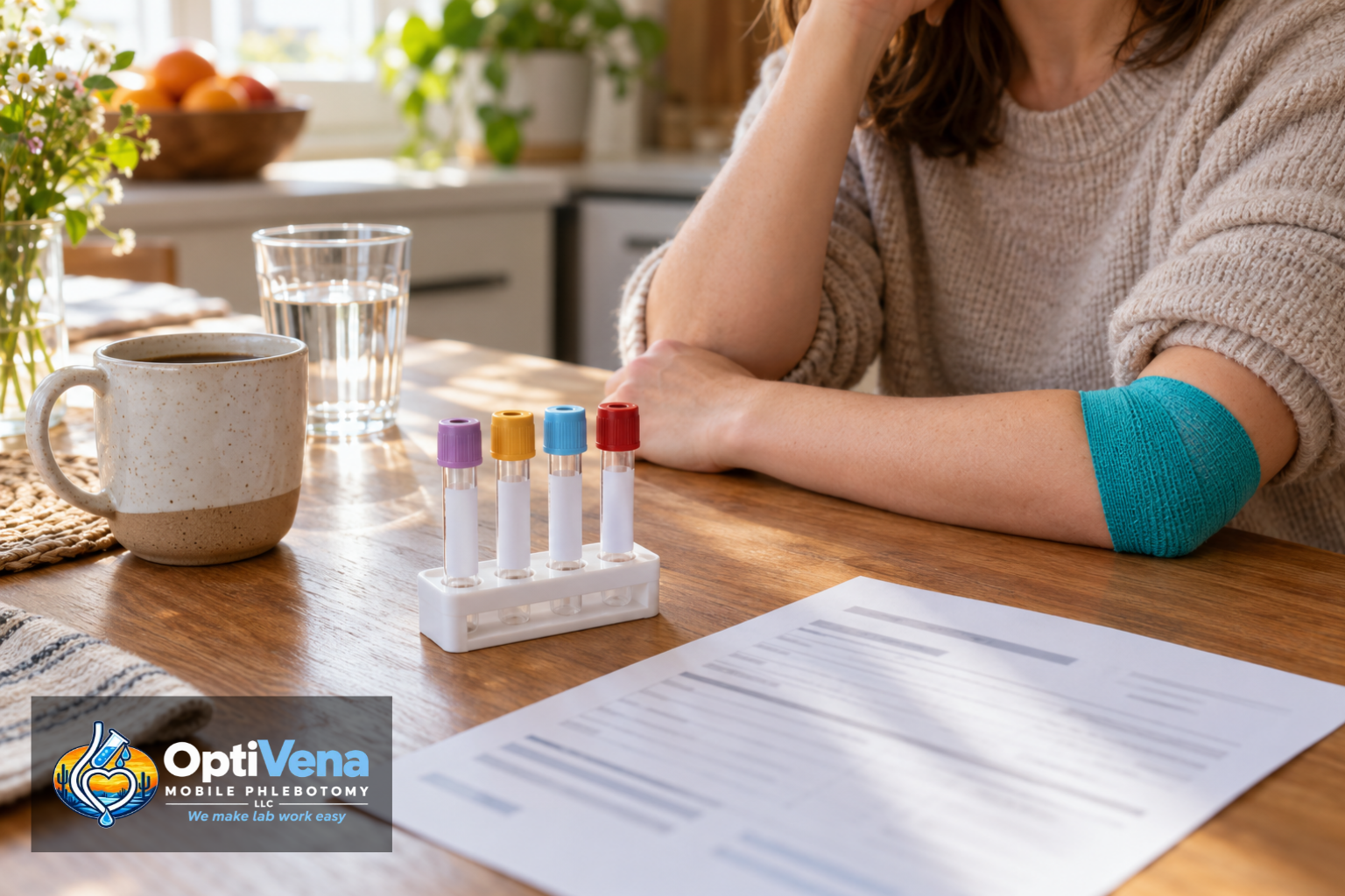 Labeled blood specimen tubes and a lab order form on a kitchen table, with a patient wearing a teal Coban wrap after a blood draw at home