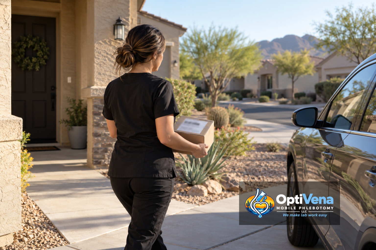 Phlebotomist in black scrubs carrying a small sealed shipping box from a front door toward a car at the curb in morning light