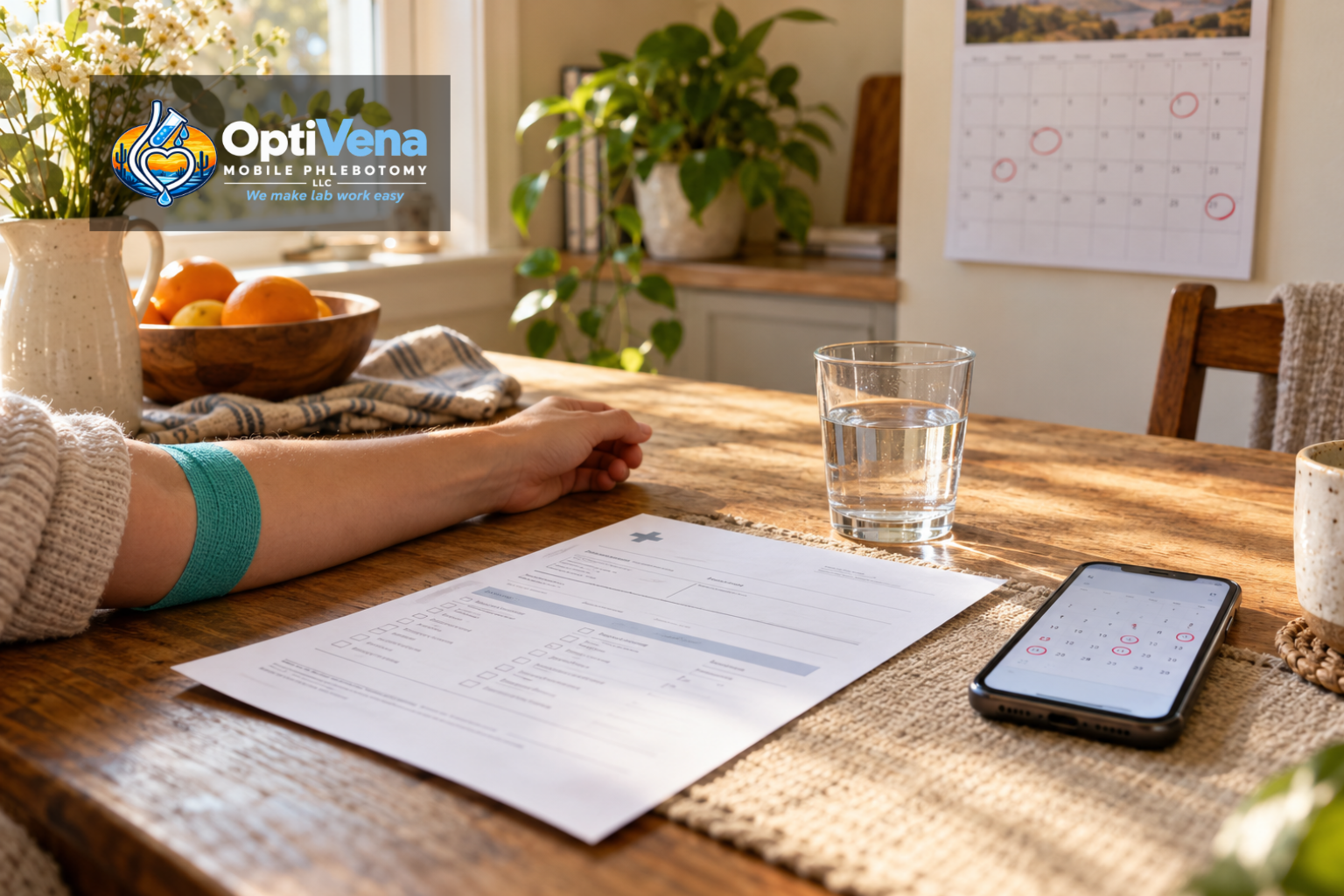 Kitchen table with a wall calendar of circled lab dates and a standing order for recurring home blood draws