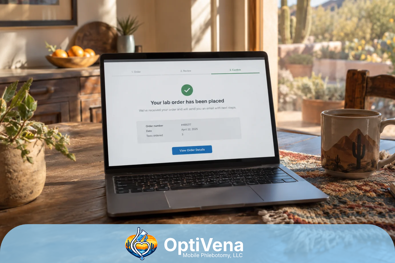 A self-ordered lab test confirmation on a laptop at home, ready to be scheduled for an at-home draw.
